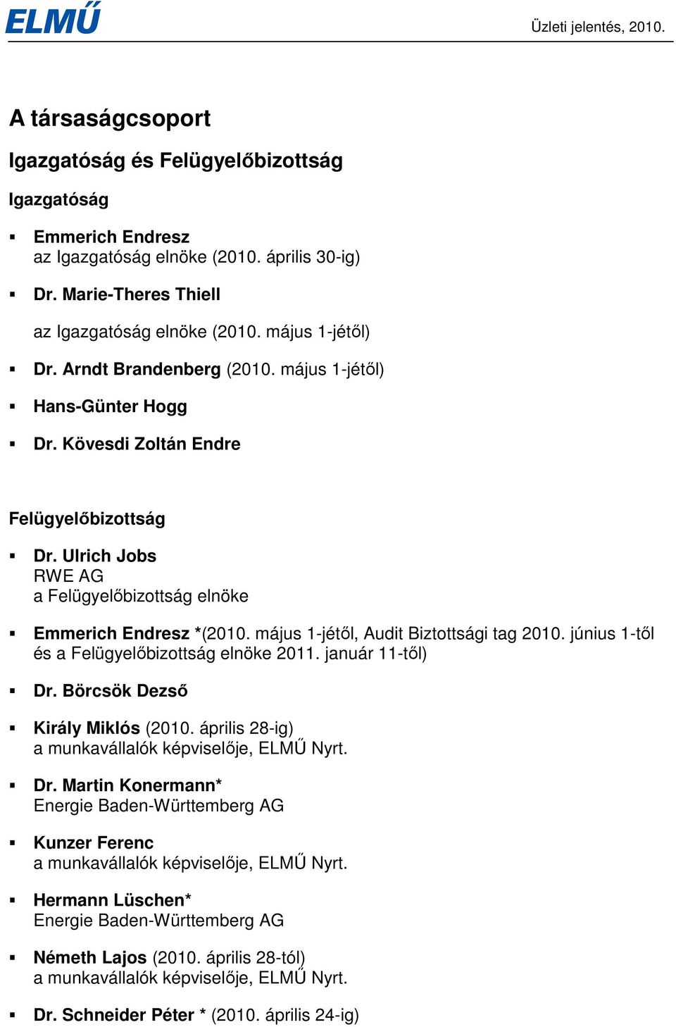 május 1-jétıl, Audit Biztottsági tag 2010. június 1-tıl és a Felügyelıbizottság elnöke 2011. január 11-tıl) Dr. Börcsök Dezsı Király Miklós (2010.