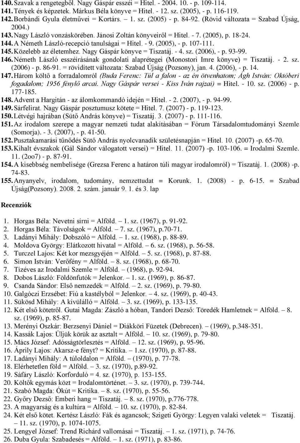 A Németh László-recepció tanulságai = Hitel. - 9. (2005), - p. 107-111. 145. Közelebb az életemhez. Nagy Gáspár könyve = Tiszatáj. - 4. sz. (2006), - p. 93-99. 146.