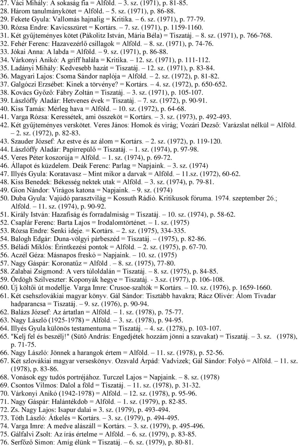 Fehér Ferenc: Hazavezérlő csillagok = Alföld. 8. sz. (1971), p. 74-76. 33. Jókai Anna: A labda = Alföld. 9. sz. (1971), p. 86-88. 34. Várkonyi Anikó: A griff halála = Kritika. 12. sz. (1971), p. 111-112.