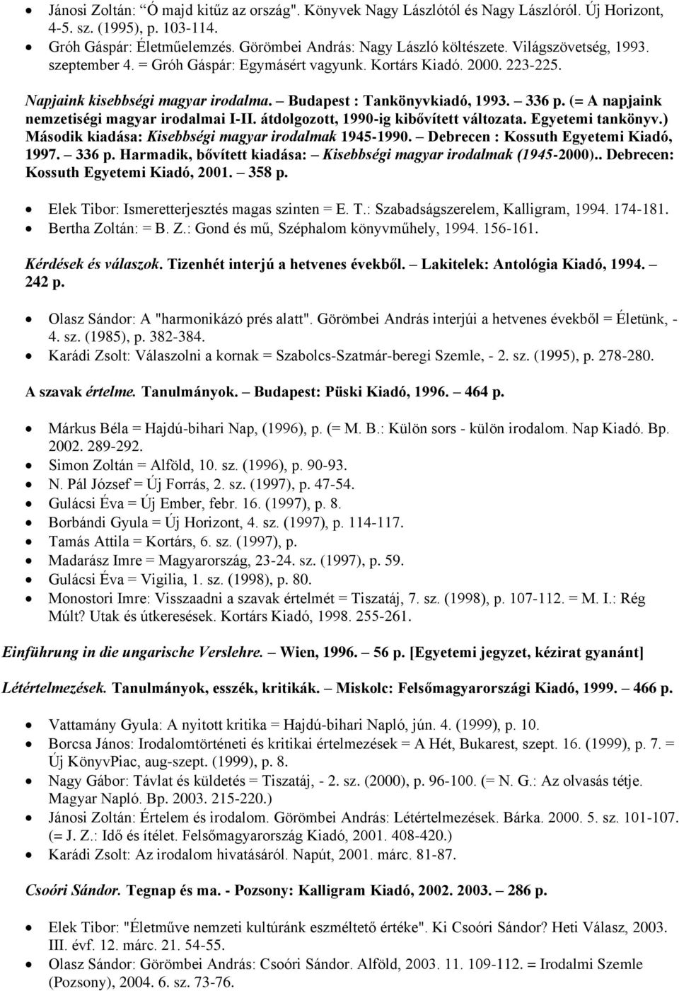 (= A napjaink nemzetiségi magyar irodalmai I-II. átdolgozott, 1990-ig kibővített változata. Egyetemi tankönyv.) Második kiadása: Kisebbségi magyar irodalmak 1945-1990.