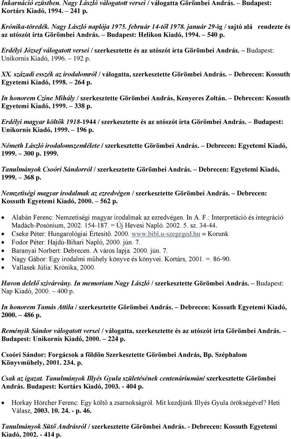 Budapest: Unikornis Kiadó, 1996. 192 p. XX. századi esszék az irodalomról / válogatta, szerkesztette Görömbei András. Debrecen: Kossuth Egyetemi Kiadó, 1998. 264 p.