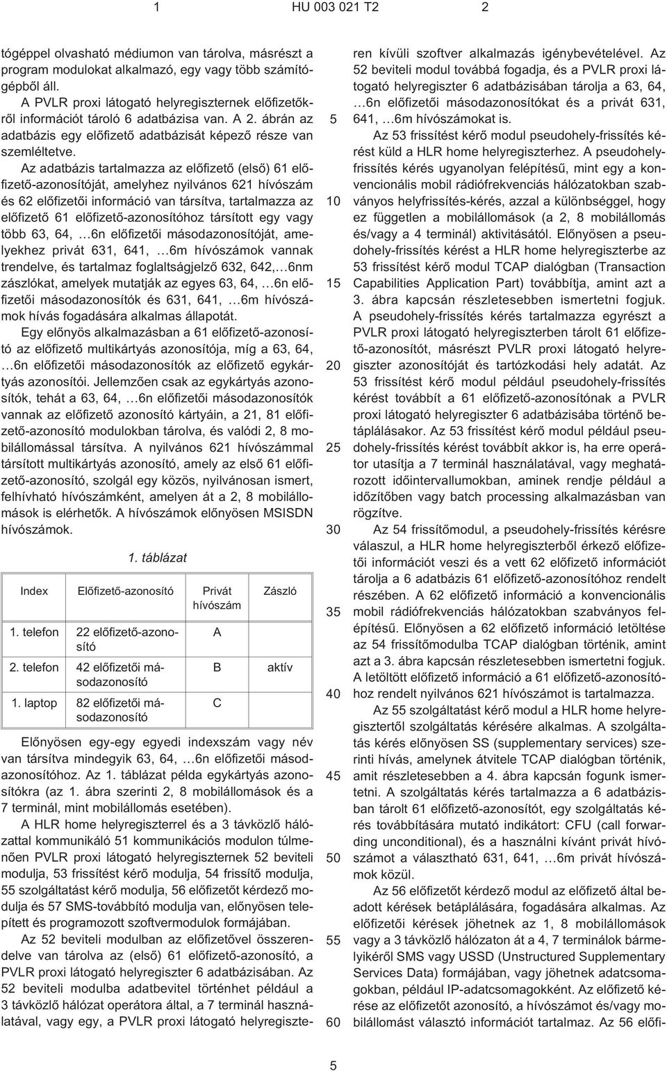 Az adatbázis tartalmazza az elõfizetõ (elsõ) 61 elõfizetõ-azonosítóját, amelyhez nyilvános 621 hívószám és 62 elõfizetõi információ van társítva, tartalmazza az elõfizetõ 61 elõfizetõ-azonosítóhoz