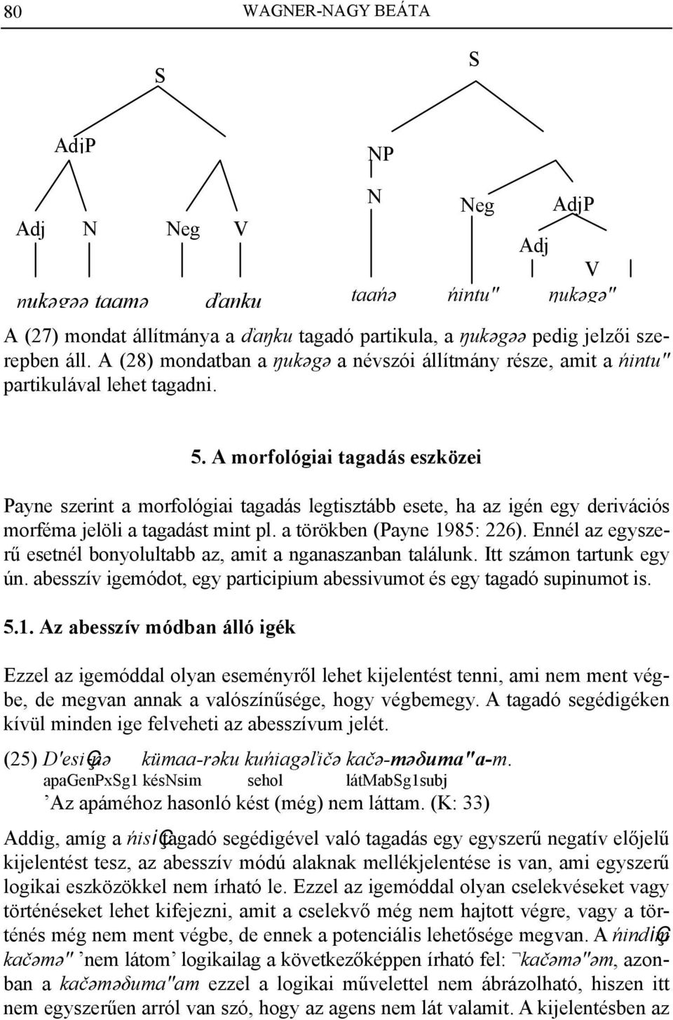A morfológiai tagadás eszközei Payne szerint a morfológiai tagadás legtisztább esete, ha az igén egy derivációs morféma jelöli a tagadást mint pl. a törökben (Payne 1985: 226).