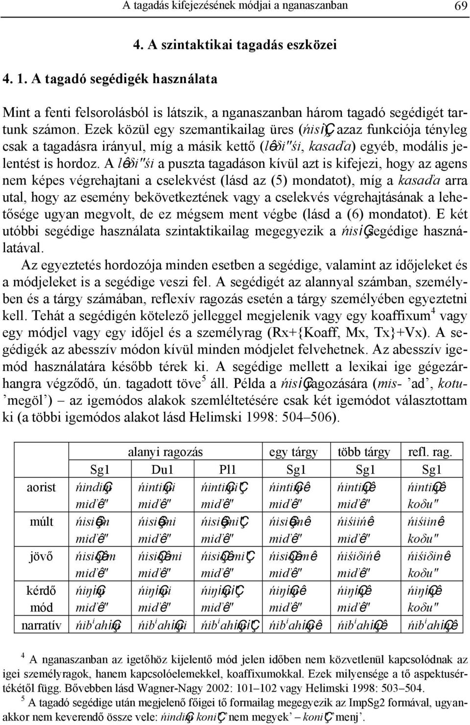 Ezek közül egy szemantikailag üres (ńisiç), azaz funkciója tényleg csak a tagadásra irányul, míg a másik kettő (lêδi"śi, kasaďa) egyéb, modális jelentést is hordoz.