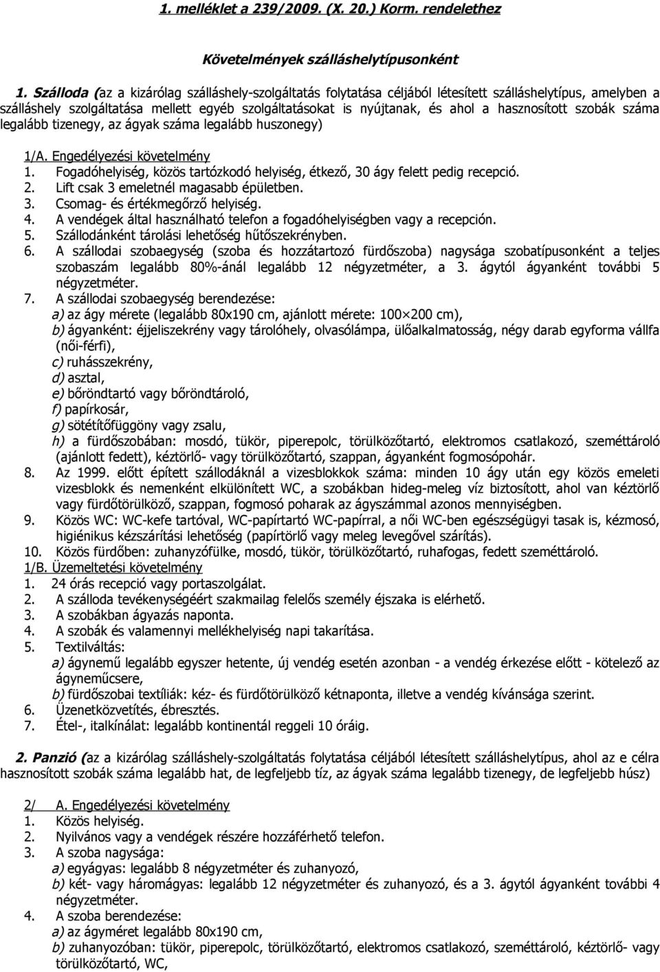 hasznosított szobák száma legalább tizenegy, az ágyak száma legalább huszonegy) 1/A. Engedélyezési követelmény 1. Fogadóhelyiség, közös tartózkodó helyiség, étkező, 30 ágy felett pedig recepció. 2.