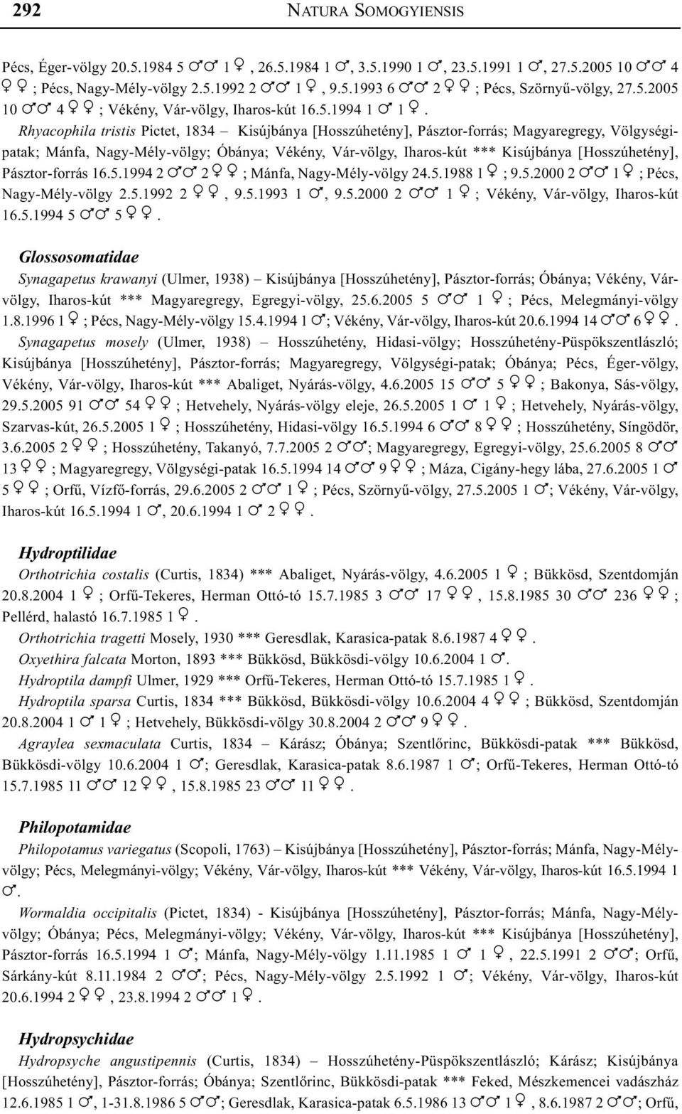 1. Rhyacophila tristis Pictet, 1834 Kisújbánya [Hosszúhetény], Pásztor-forrás; Magyaregregy, Völgységipatak; Mánfa, Nagy-Mély-völgy; Óbánya; Vékény, Vár-völgy, Iharos-kút *** Kisújbánya