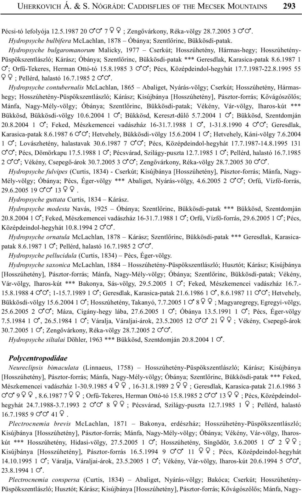 Hydropsyche bulgaromanorum Malicky, 1977 Cserkút; Hosszúhetény, Hármas-hegy; Hosszúhetény- Püspökszentlászló; Kárász; Óbánya; Szentlõrinc, Bükkösdi-patak *** Geresdlak, Karasica-patak 8.6.1987 1!