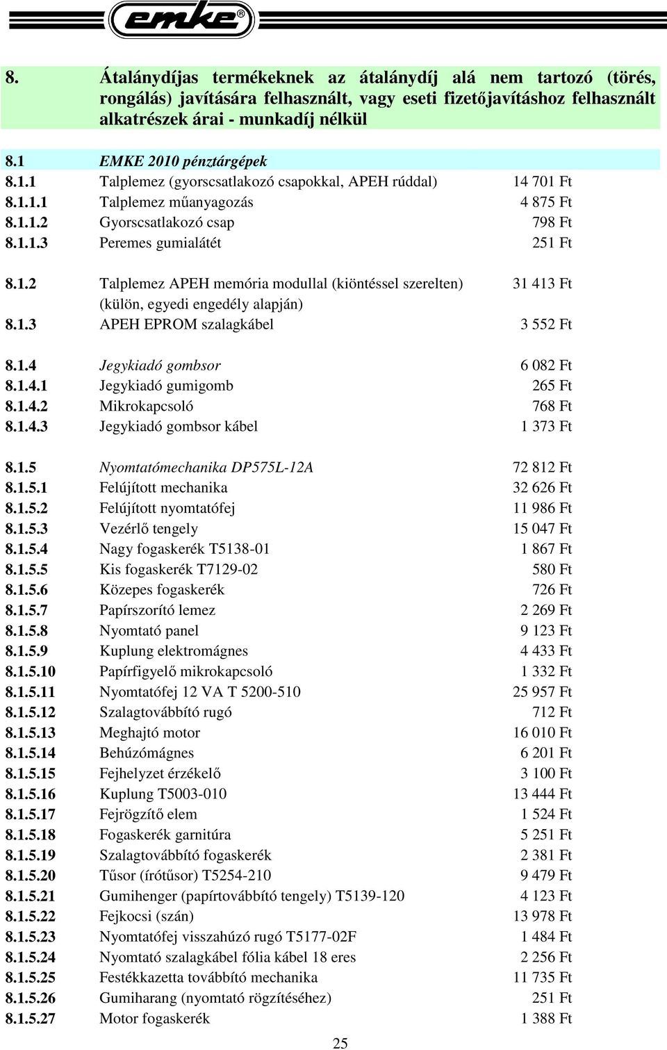 1.2 Talplemez APEH memória modullal (kiöntéssel szerelten) 31 413 Ft (külön, egyedi engedély alapján) 8.1.3 APEH EPROM szalagkábel 3 552 Ft 8.1.4 Jegykiadó gombsor 6 082 Ft 8.1.4.1 Jegykiadó gumigomb 265 Ft 8.