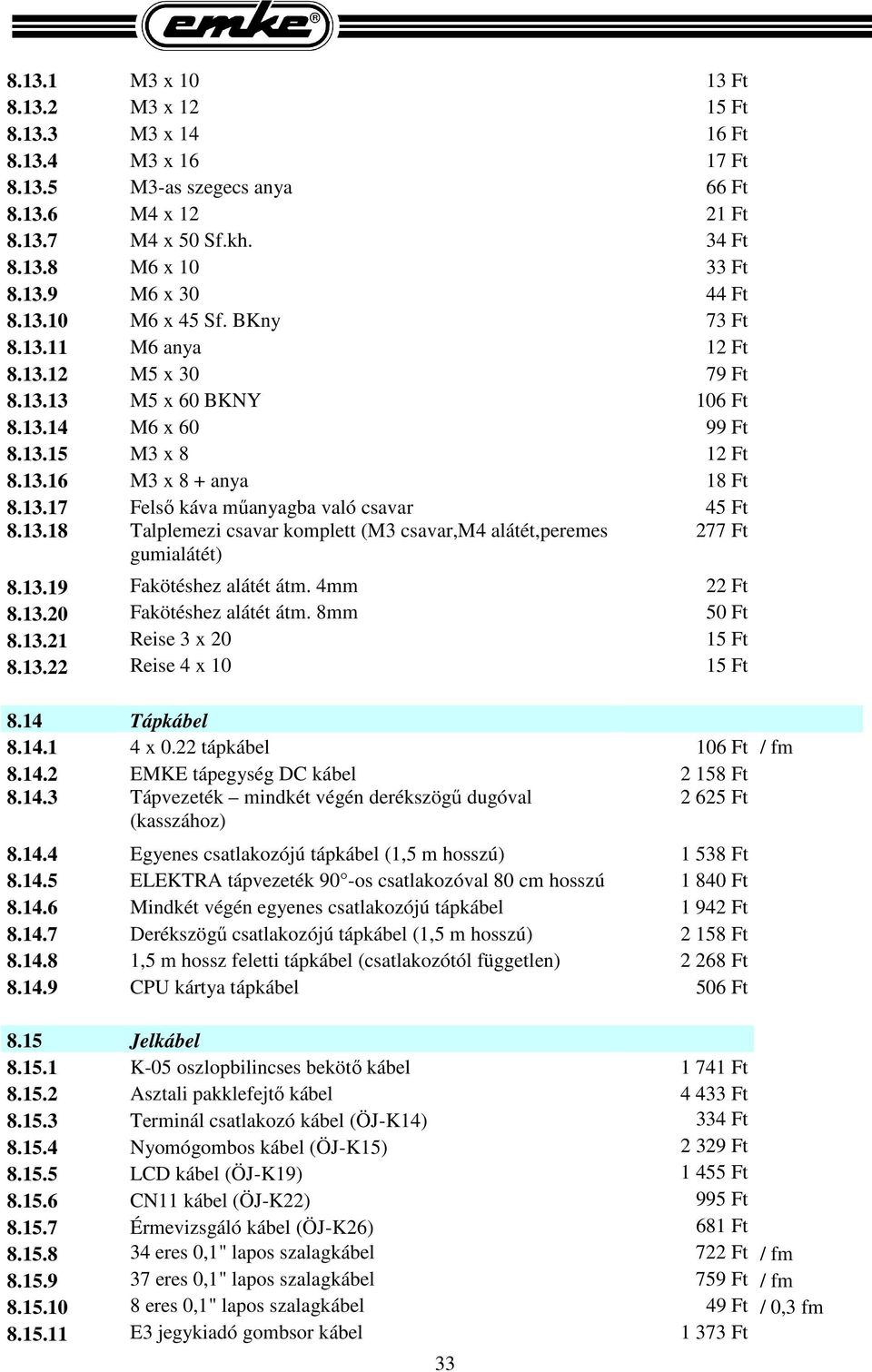 13.18 Talplemezi csavar komplett (M3 csavar,m4 alátét,peremes gumialátét) 277 Ft 8.13.19 Fakötéshez alátét átm. 4mm 22 Ft 8.13.20 Fakötéshez alátét átm. 8mm 50 Ft 8.13.21 Reise 3 x 20 15 Ft 8.13.22 Reise 4 x 10 15 Ft 8.