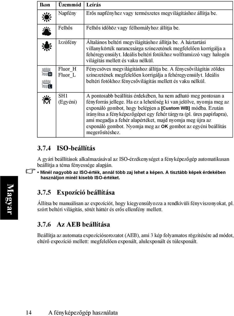 Ideális beltéri fotókhoz wolframizzó vagy halogén világítás mellett és vaku nélkül. Fénycsöves megvilágításhoz állítja be.