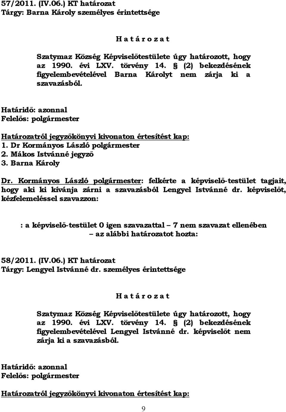 Dr Kormányos László polgármester 2. Mákos Istvánné jegyző 3. Barna Károly Dr.