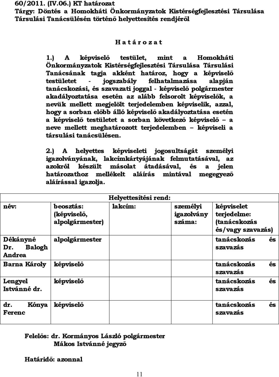 tanácskozási, és szavazati joggal - képviselő polgármester akadályoztatása esetén az alább felsorolt képviselők, a nevük mellett megjelölt terjedelemben képviselik, azzal, hogy a sorban előbb álló