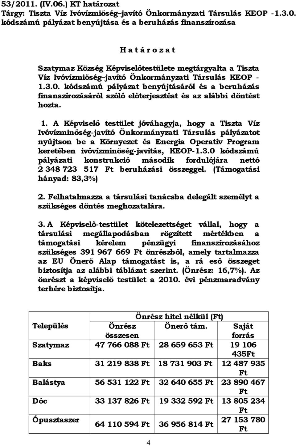 A Képviselő testület jóváhagyja, hogy a Tiszta Víz Ivóvízminőség-javító Önkormányzati Társulás pályázatot nyújtson be a Környezet és Energia Operatív Program keretében ivóvízminőség-javítás, KEOP-1.3.