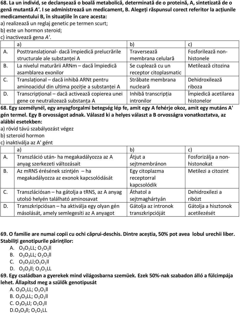 a) b) c) A. Posttranslaţional- dacă împiedică prelucrările structurale ale substanţei A Traversează membrana celulară Fosforilează nonhistonele B.