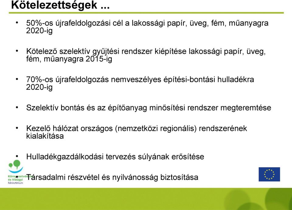 kiépítése lakossági papír, üveg, fém, műanyagra 2015-ig 70%-os újrafeldolgozás nemveszélyes építési-bontási hulladékra