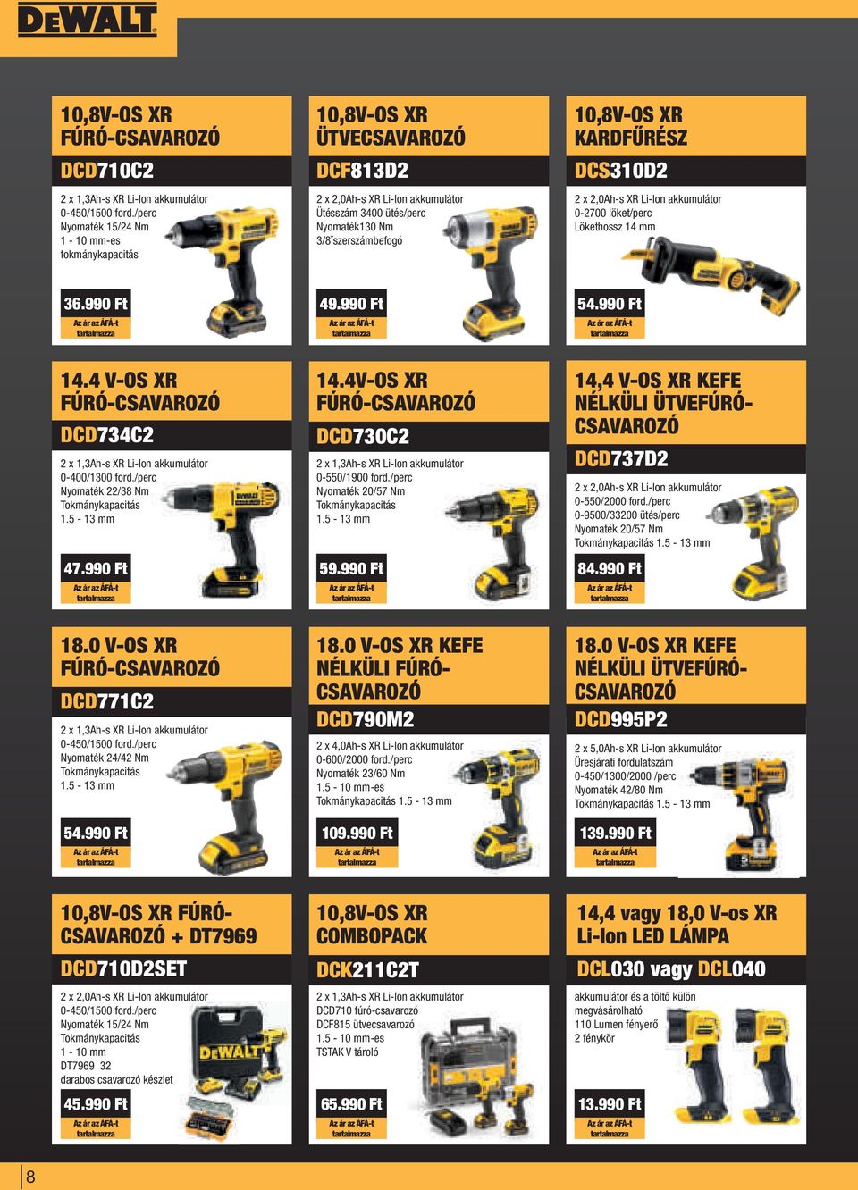 Lökethossz 14 mm 36.990 Ft 49.990 Ft 54.990 Ft 14.4 V-OS XR FÚRÓ-CSAVAROZÓ DCD734C2 2 x 1,3Ah-s XR Li-Ion akkumulátor 0-400/1300 ford./perc Nyomaték 22/38 Nm Tokmánykapacitás 1.5-13 mm 47.990 Ft 18.