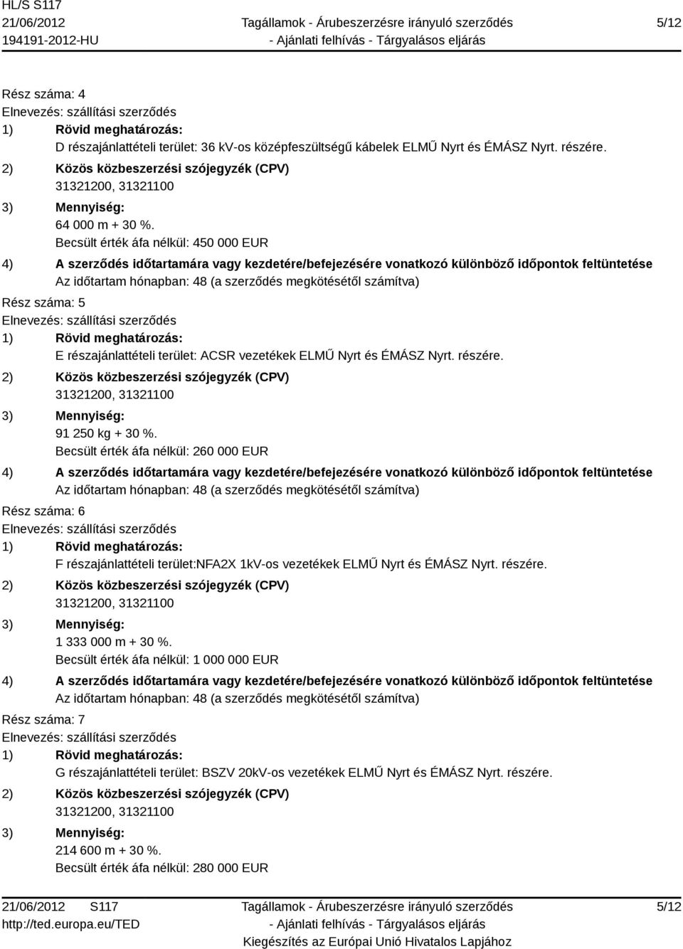 Becsült érték áfa nélkül: 260 000 EUR Rész száma: 6 F részajánlattételi terület:nfa2x 1kV-os vezetékek ELMŰ Nyrt és ÉMÁSZ Nyrt. részére. 1 333 000 m + 30 %.