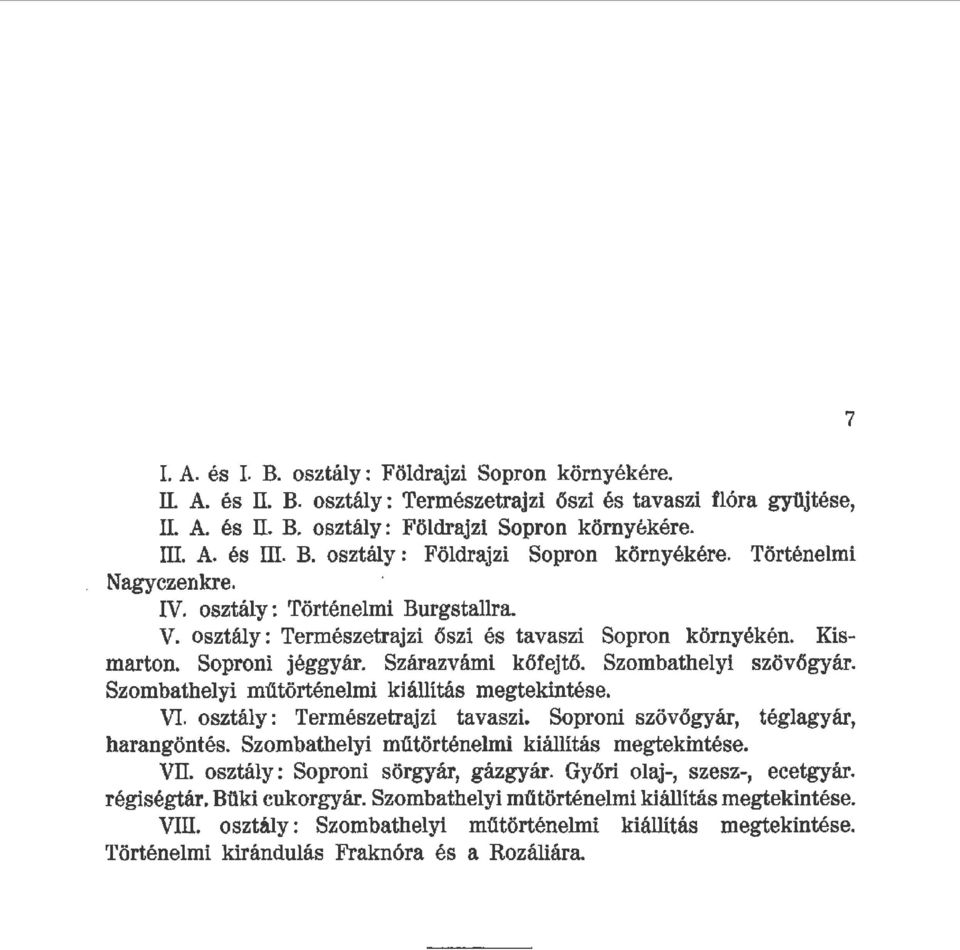 Szombatheyi mütörténemi kiáítás megtekintése. VI. osztáy: Természetrajzi tavaszi. Soproni szövőgyár, tégagyár, harangöntés. Szombatheyi mütörténemi kiáítás megtekintése. VII.