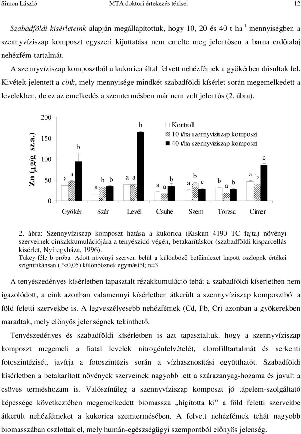 Kivételt jelentett cink, mely mennyisége mindkét szdföldi kísérlet során megemelkedett leveleken, de ez z emelkedés szemtermésen már nem volt jelentős (2. ár). Zn (µ g/g sz.