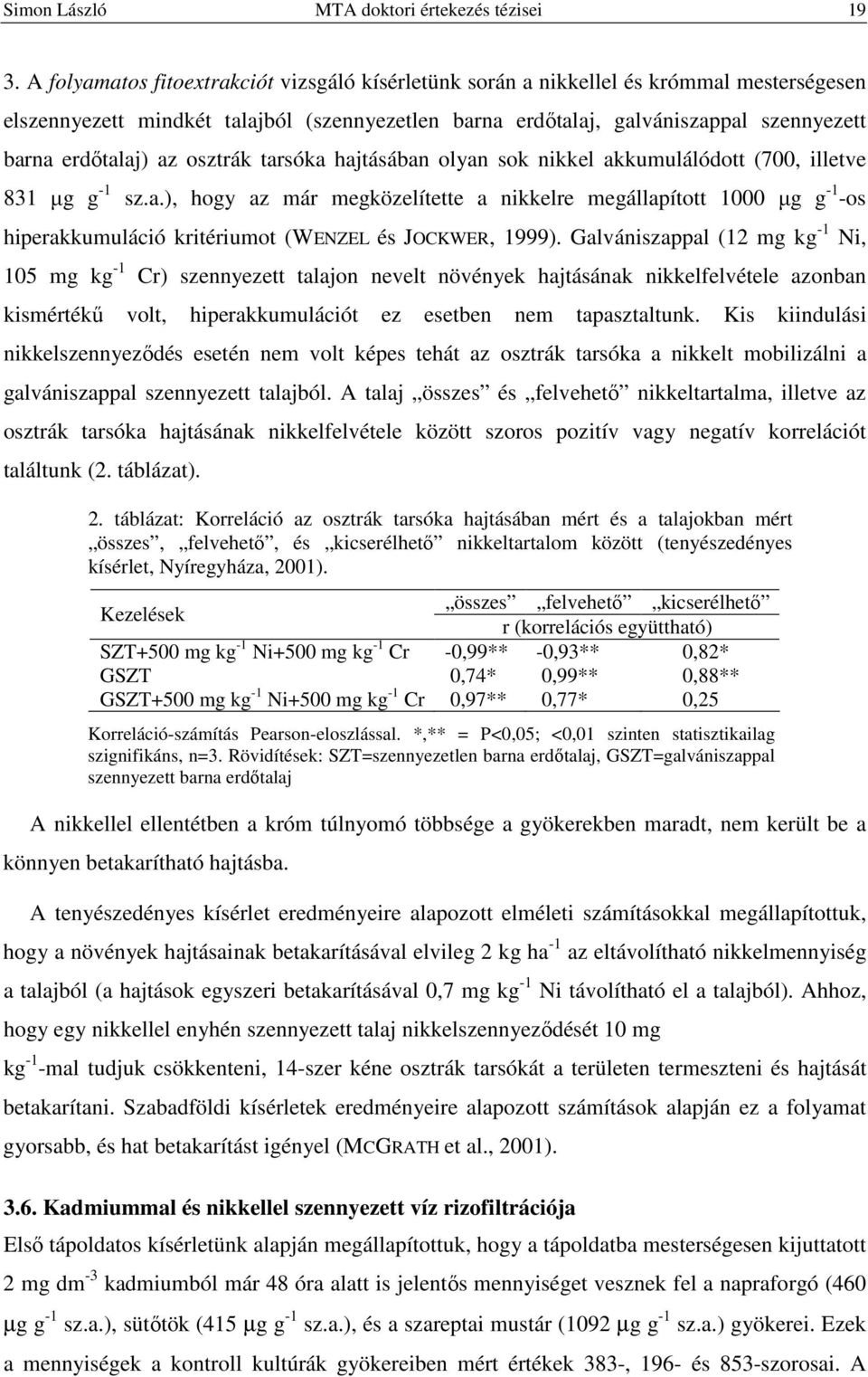 hjtásán olyn sok nikkel kkumulálódott (700, illetve 831 µg g -1 sz..), hogy z már megközelítette nikkelre megállpított 1000 µg g -1 -os hiperkkumuláció kritériumot (WENZEL és JOCKWER, 1999).