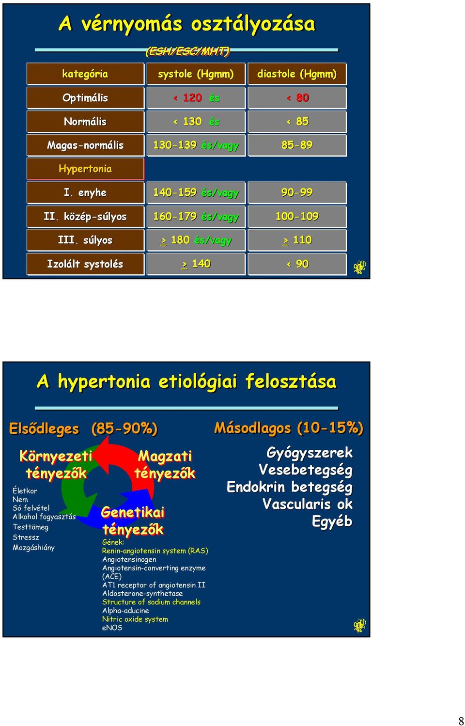 súlyos 14-159 159 és/vagy 9-99 99 16-179 179 és/vagy 1-19 19 > 18 és/vagy > 11 Izolált lt systolés > 14 < 9 A hypertonia etiológiai felosztása Elsődleges (85-9%) Másodlagos (1-15%) Környezeti