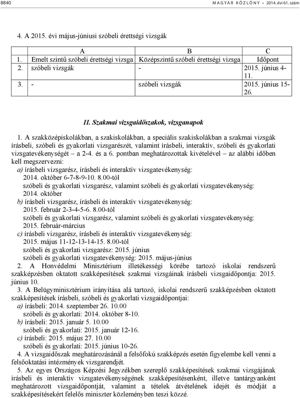 A szakközépiskolákban, a szakiskolákban, a speciális szakiskolákban a szakmai vizsgák írásbeli, szóbeli és gyakorlati vizsgarészét, valamint írásbeli, interaktív, szóbeli és gyakorlati