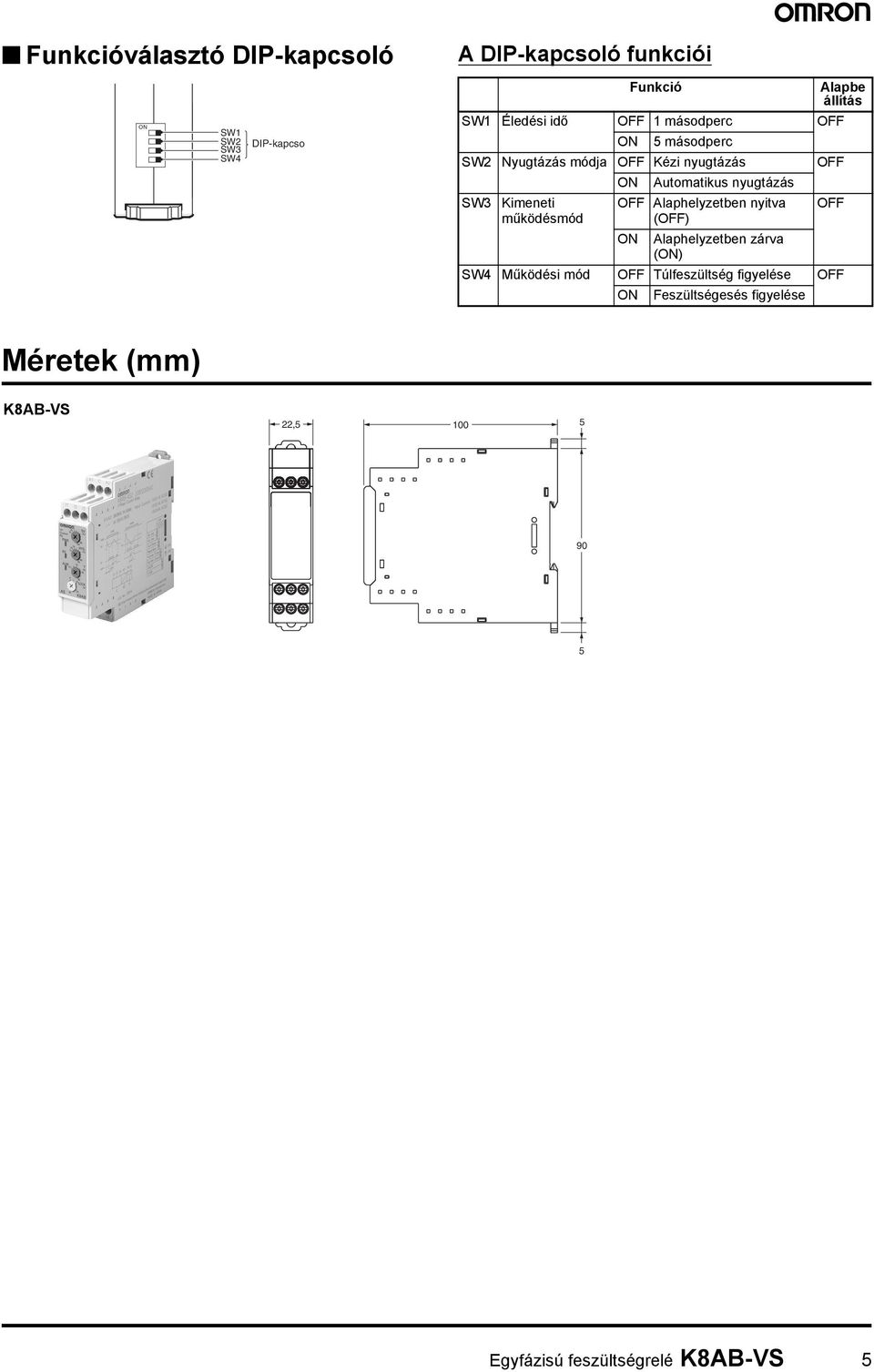 SW3 Kimeneti működésmód OFF Alaphelyzetben nyitva (OFF) ON Alaphelyzetben zárva (ON) OFF SW4 Működési mód OFF
