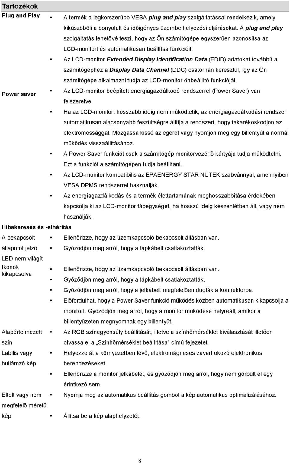 Az LCD-monitor Extended Display Identification Data (EDID) adatokat továbbít a számítógéphez a Display Data Channel (DDC) csatornán keresztül, így az Ön számítógépe alkalmazni tudja az LCD-monitor