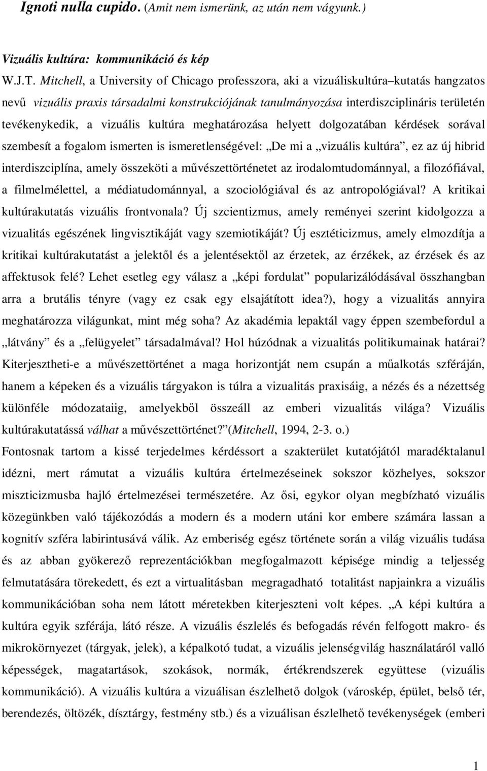 vizuális kultúra meghatározása helyett dolgozatában kérdések sorával szembesít a fogalom ismerten is ismeretlenségével: De mi a vizuális kultúra, ez az új hibrid interdiszciplína, amely összeköti a