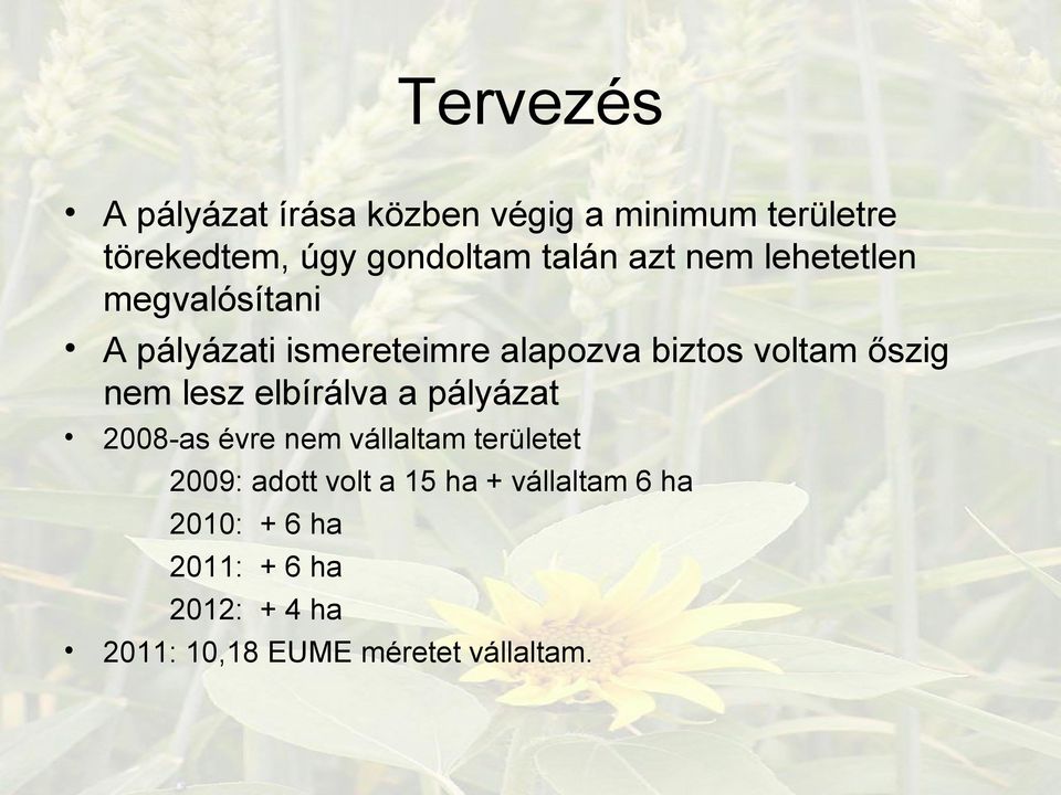 lesz elbírálva a pályázat 2008-as évre nem vállaltam területet 2009: adott volt a 15 ha +