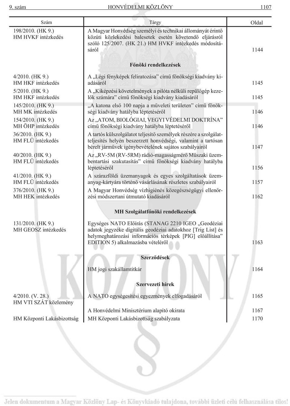 ) HM HVKF intézkedés módosításáról 1144 Fõnöki rendelkezések 4/2010. (HK 9.) HM HKF intézkedés 5/2010. (HK 9.) HM HKF intézkedés 145/2010. (HK 9.) MH MK intézkedés 154/2010. (HK 9.) MH ÖHP intézkedés 36/2010.