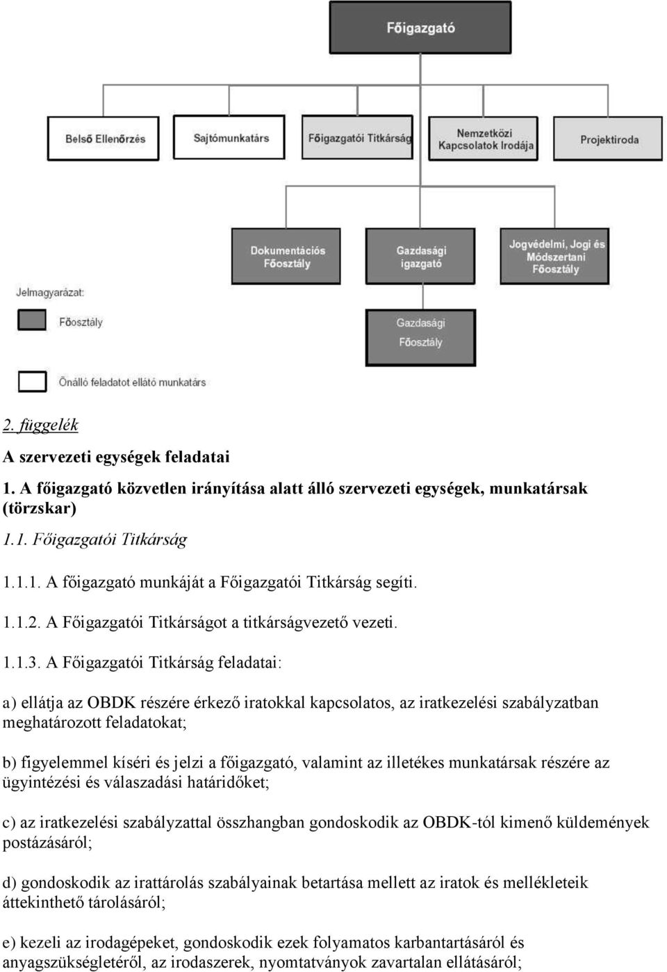 A Főigazgatói Titkárság feladatai: a) ellátja az OBDK részére érkező iratokkal kapcsolatos, az iratkezelési szabályzatban meghatározott feladatokat; b) figyelemmel kíséri és jelzi a főigazgató,