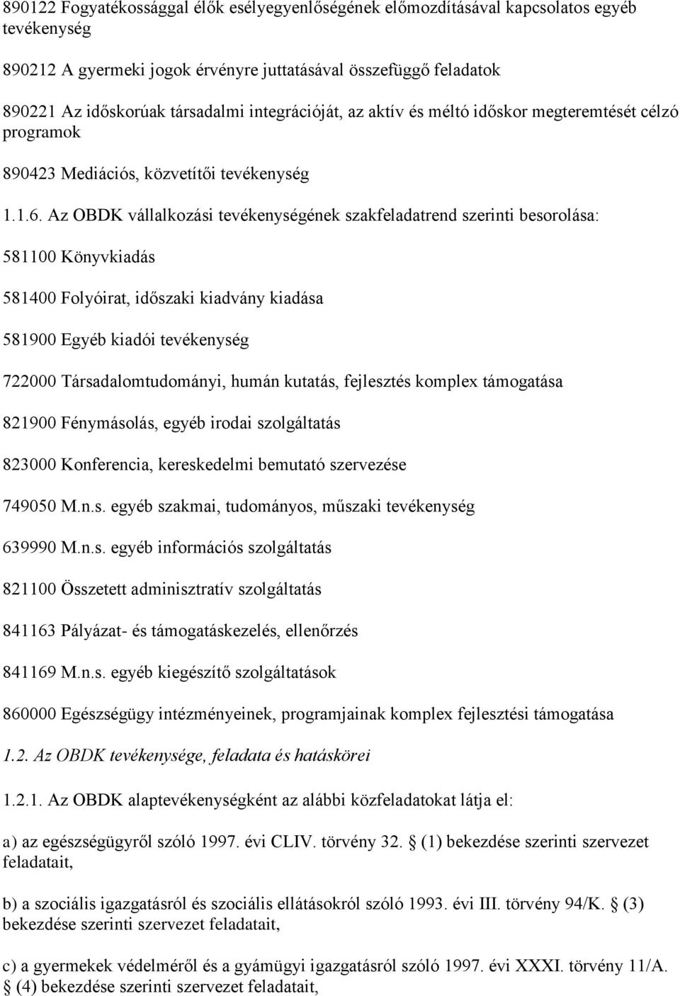 Az OBDK vállalkozási tevékenységének szakfeladatrend szerinti besorolása: 581100 Könyvkiadás 581400 Folyóirat, időszaki kiadvány kiadása 581900 Egyéb kiadói tevékenység 722000 Társadalomtudományi,