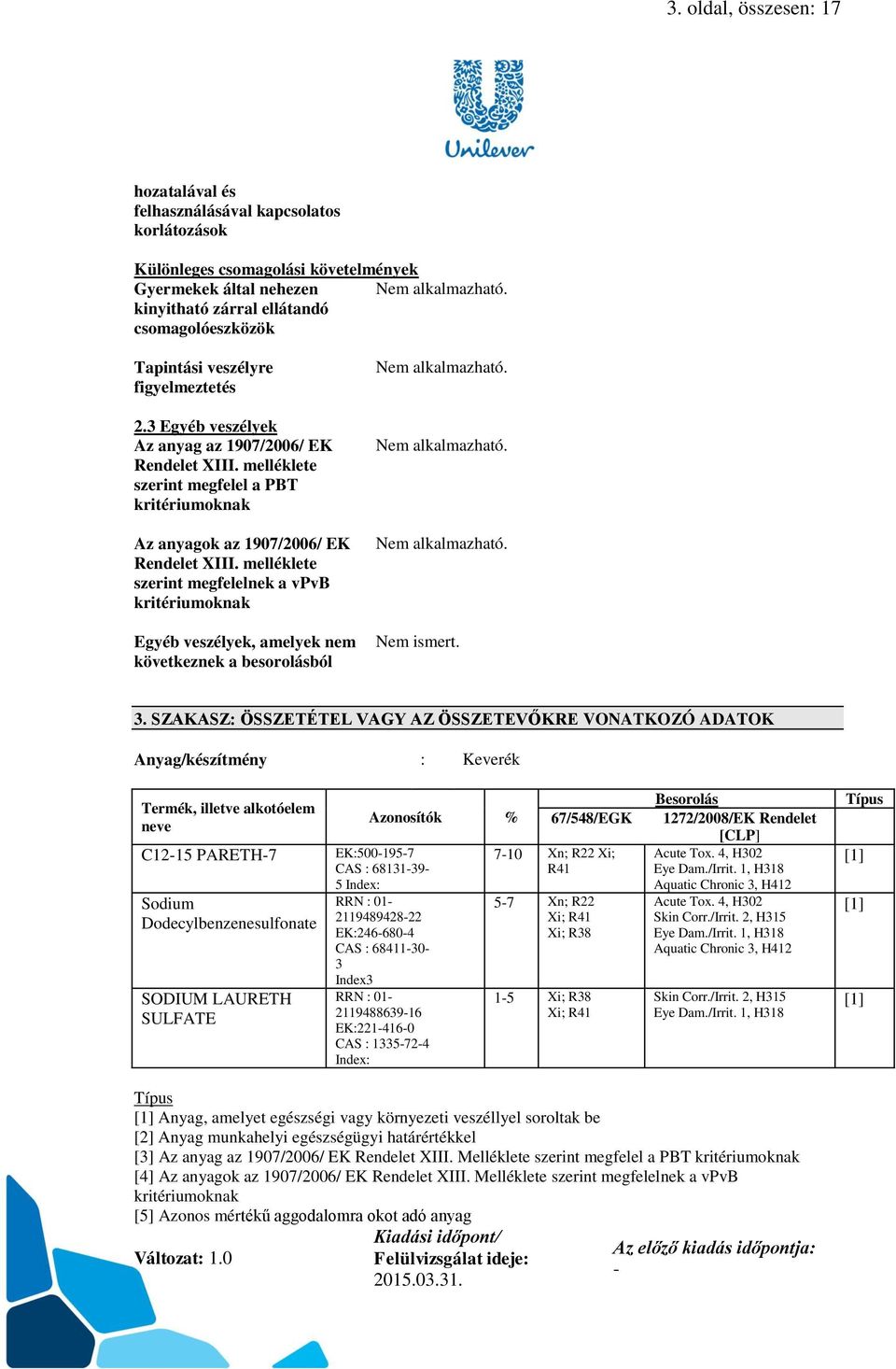 melléklete szerint megfelelnek a vpvb kritériumoknak Egyéb veszélyek, amelyek nem következnek a besorolásból Nem ismert. 3.