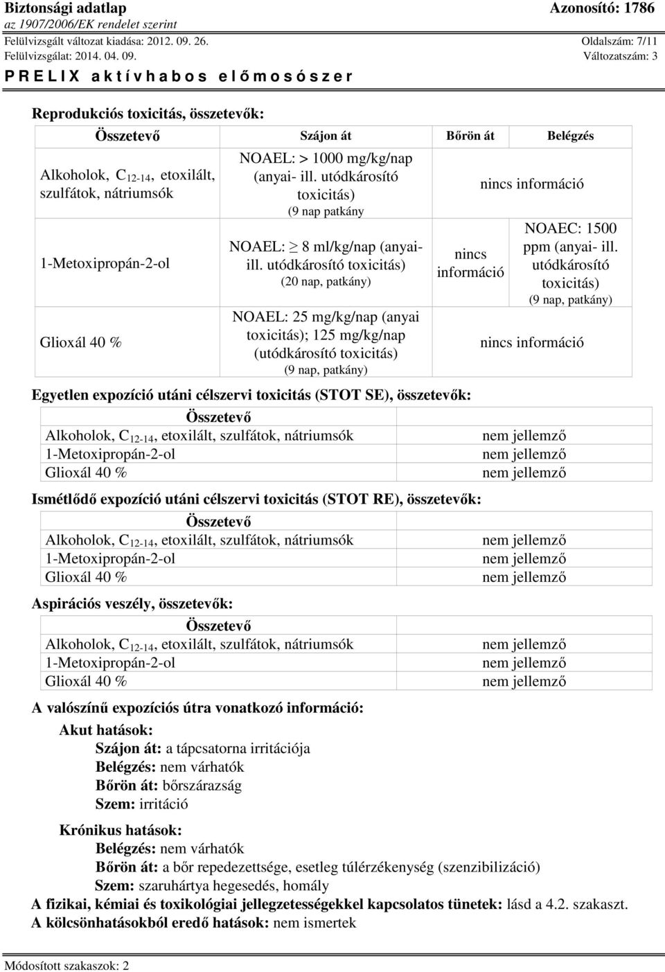 utódkárosító toxicitás) (9 nap patkány NOAEL: 8 ml/kg/nap (anyaiill.