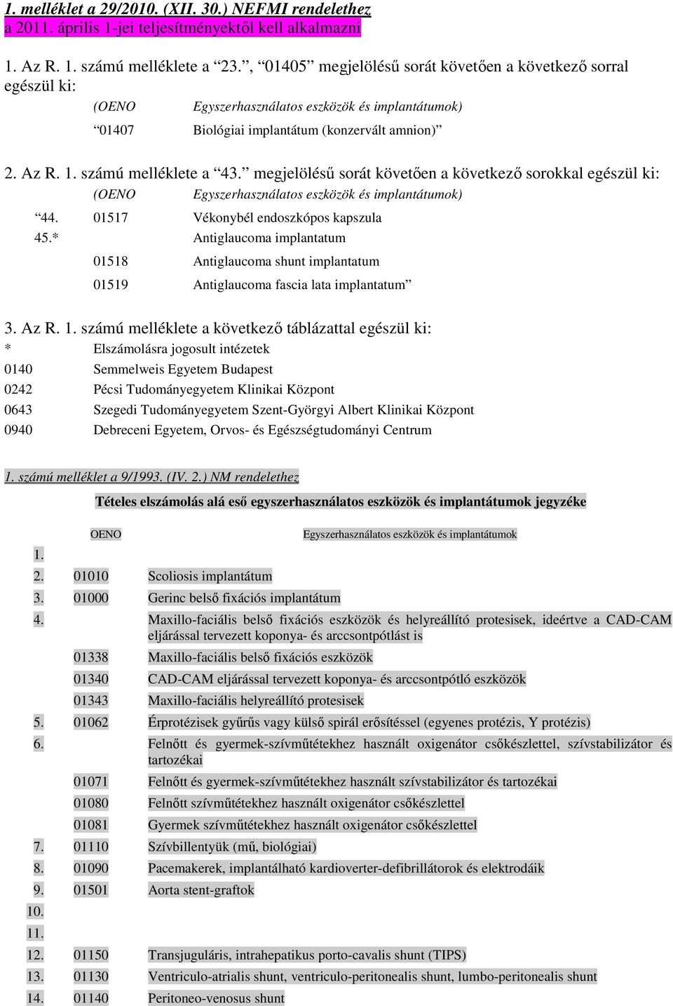 megjelöléső sorát követıen a következı sorokkal (OENO Egyszerhasználatos eszközök és implantátumok) 44. 01517 Vékonybél endoszkópos kapszula 45.