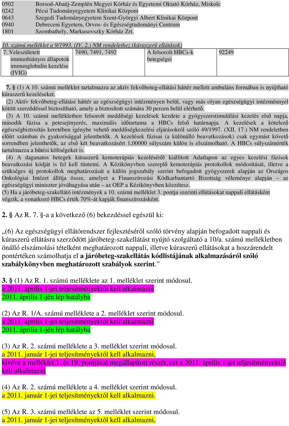 Veleszületett immunhiányos állapotok immunglobulin kezelése (IVIG) 7490, 7491, 7492 A felsorolt HBCs-k betegségei 92249 7. (1) A 10.