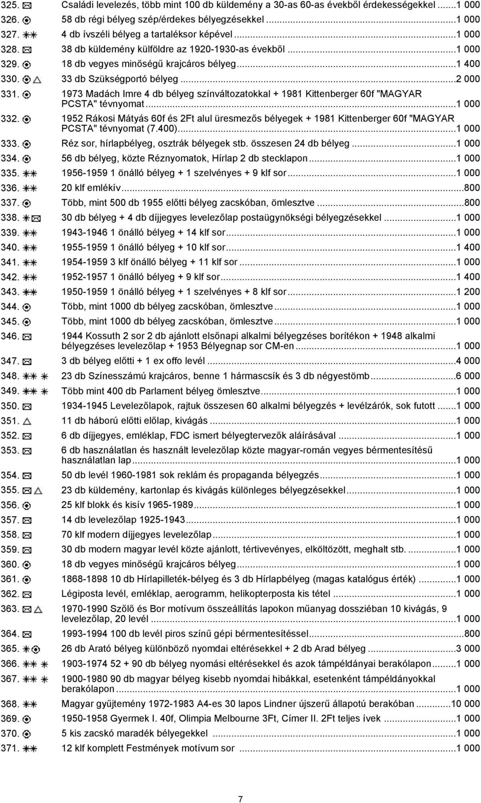 ..2 000 331. 1973 Madách Imre 4 db bélyeg színváltozatokkal + 1981 Kittenberger 60f "MAGYAR PCSTA" tévnyomat...1 000 332.