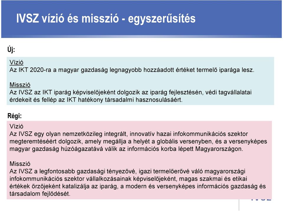 Régi: Vízió Az IVSZ egy olyan nemzetközileg integrált, innovatív hazai infokommunikációs szektor megteremtéséért dolgozik, amely megállja a helyét a globális versenyben, és a versenyképes magyar