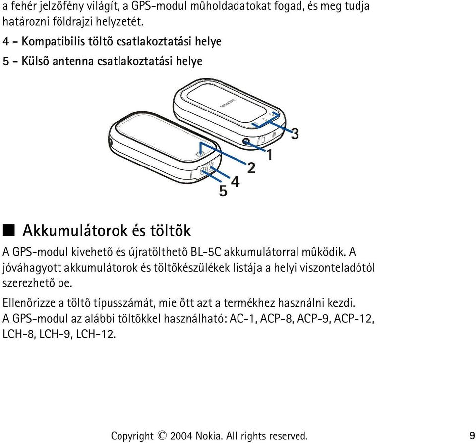 BL-5C akkumulátorral mûködik. A jóváhagyott akkumulátorok és töltõkészülékek listája a helyi viszonteladótól szerezhetõ be.