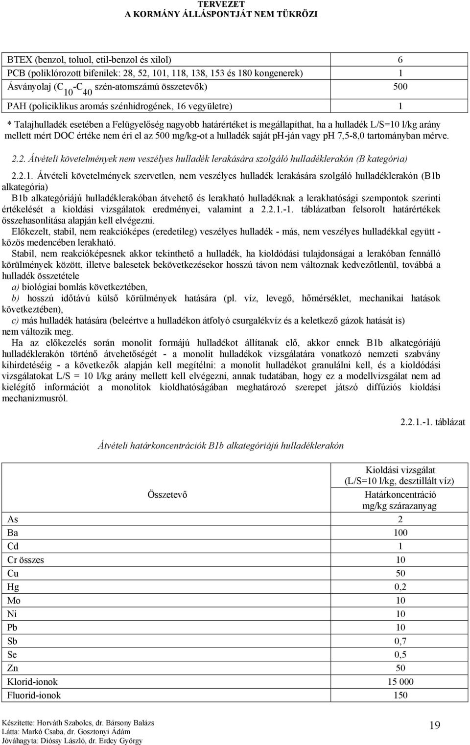 mg/kg-ot a hulladék saját ph-ján vagy ph 7,5-8,0 tartományban mérve. 2.2. Átvételi követelmények nem veszélyes hulladék lerakására szolgáló hulladéklerakón (B kategória) 2.2.1.