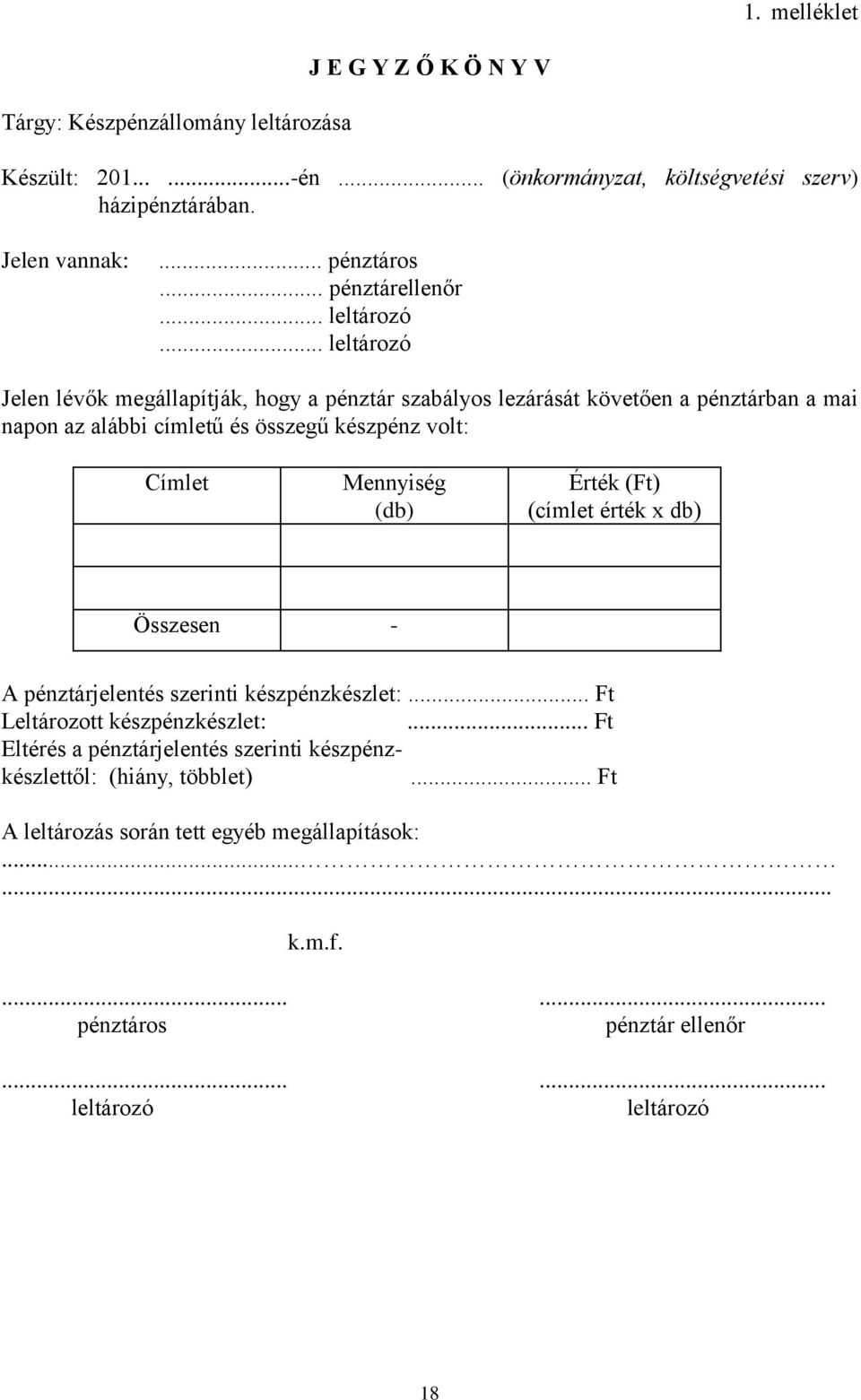 .. leltározó Jelen lévők megállapítják, hogy a pénztár szabályos lezárását követően a pénztárban a mai napon az alábbi címletű és összegű készpénz volt: Címlet Mennyiség (db)