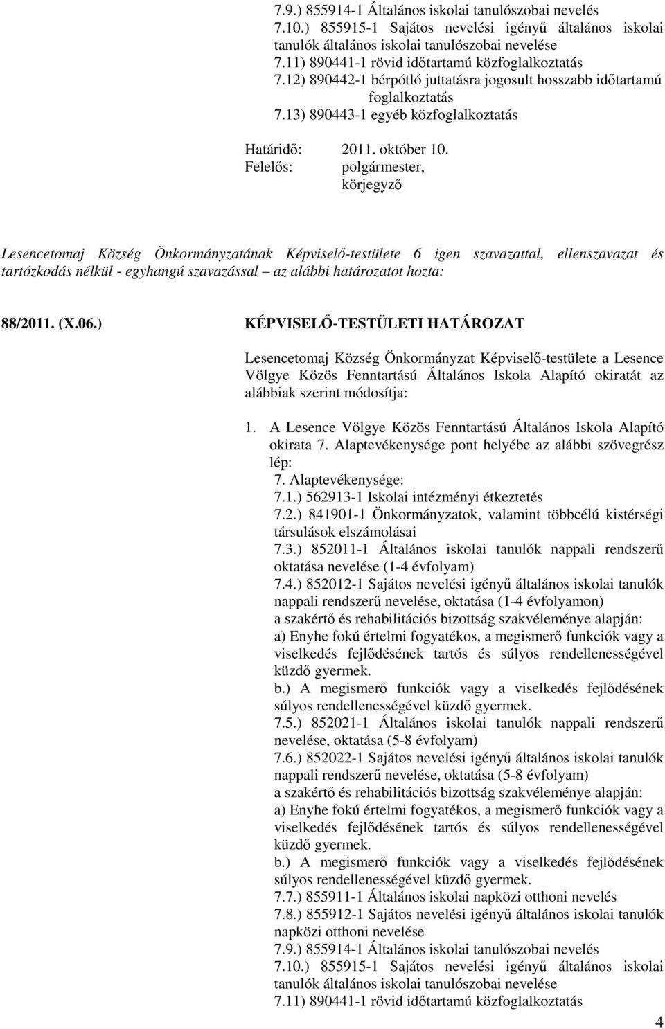 Lesencetomaj Község Önkormányzatának Képviselő-testülete 6 igen szavazattal, ellenszavazat és tartózkodás nélkül - egyhangú szavazással az alábbi határozatot hozta: 88/2011. (X.06.