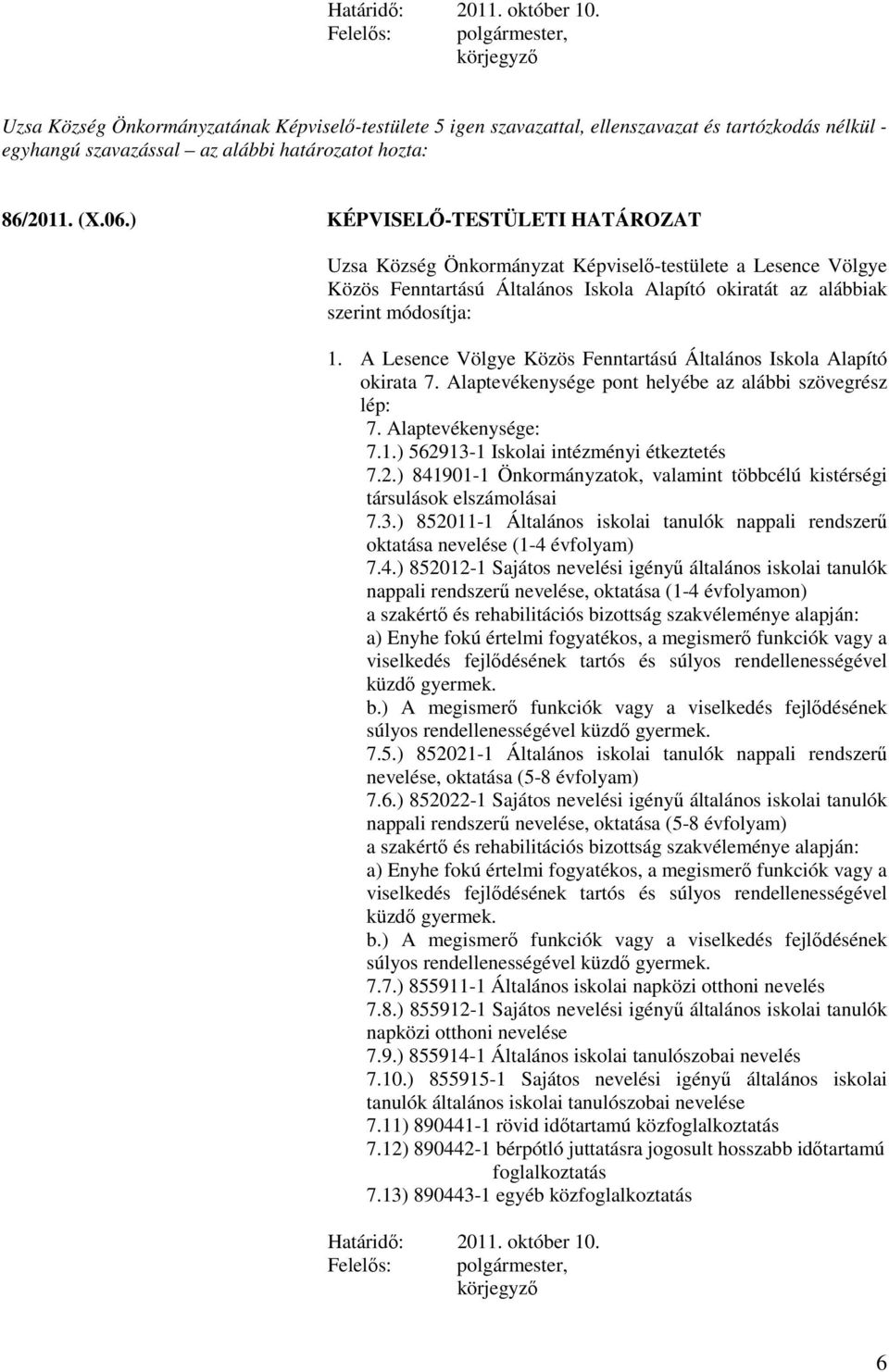 A Lesence Völgye Közös Fenntartású Általános Iskola Alapító okirata 7. Alaptevékenysége pont helyébe az alábbi szövegrész lép: 7. Alaptevékenysége: 7.1.) 5629