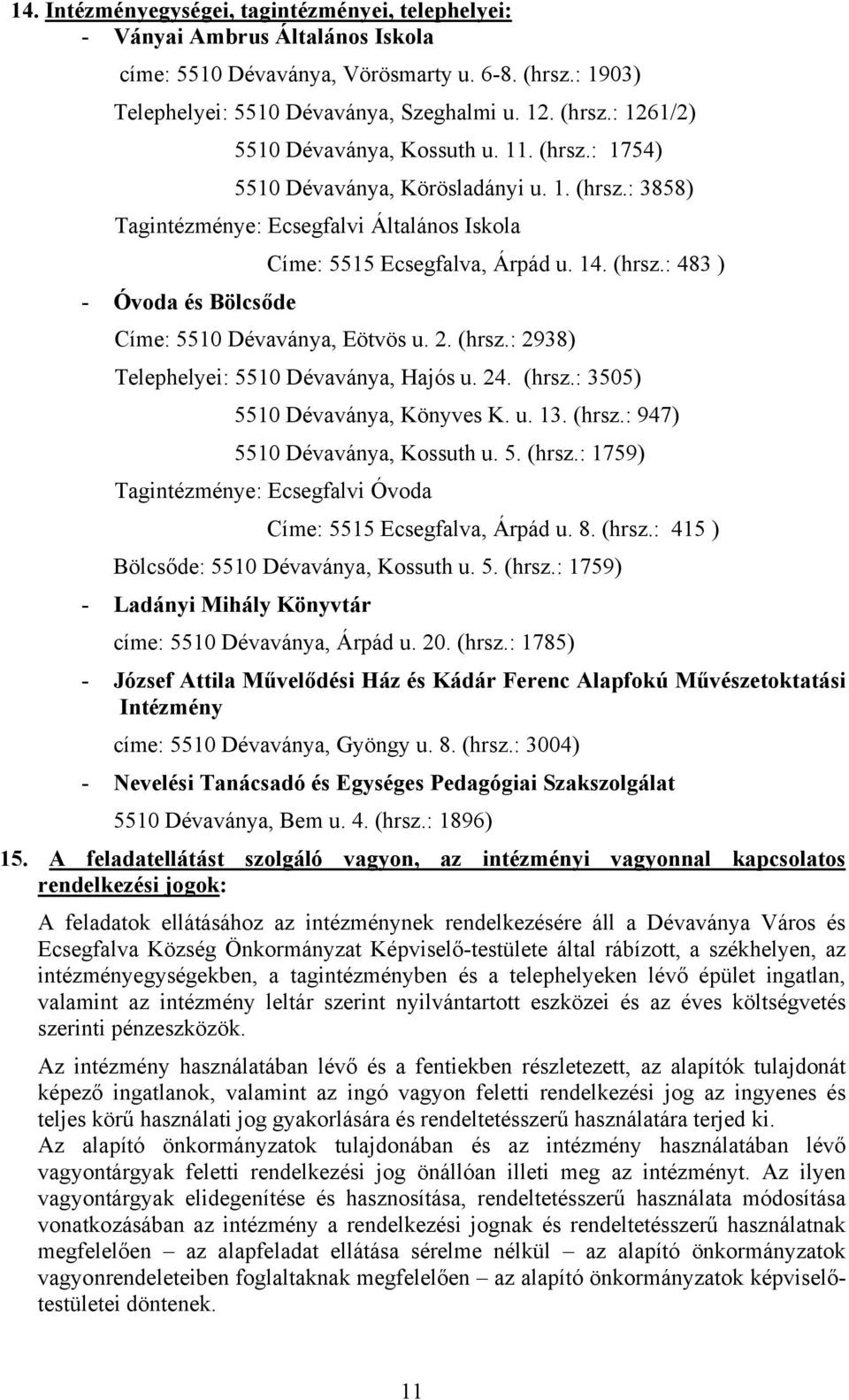 2. (hrsz.: 2938) Telephelyei: 5510 Dévaványa, Hajós u. 24. (hrsz.: 3505) 5510 Dévaványa, Könyves K. u. 13. (hrsz.: 947) 5510 Dévaványa, Kossuth u. 5. (hrsz.: 1759) Tagintézménye: Ecsegfalvi Óvoda Címe: 5515 Ecsegfalva, Árpád u.