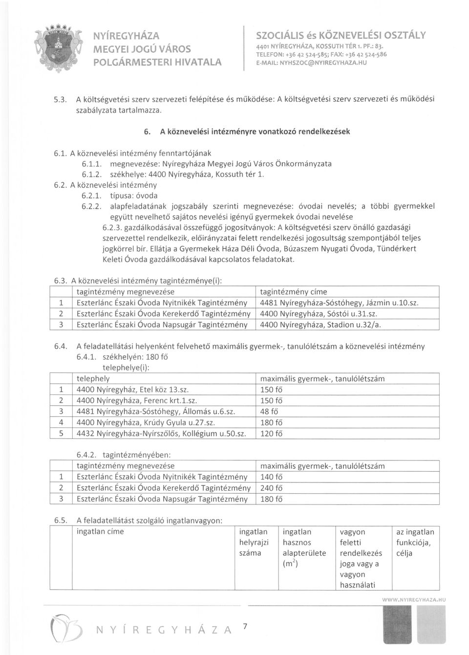 székhelye: 4400 Nyíregyháza, Kossuth tér 1. 6.2.