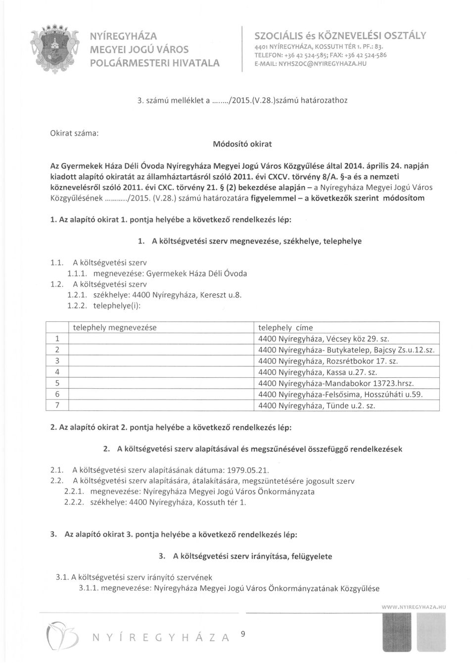 (2) bekezdése alapján - a Nyíregyháza Megyei Jogú Város Közgyűlésének......./2015. (V.28.) számú határozatára figyelemmel- a következők szerint módosítom 1. Az alapító okirat 1.