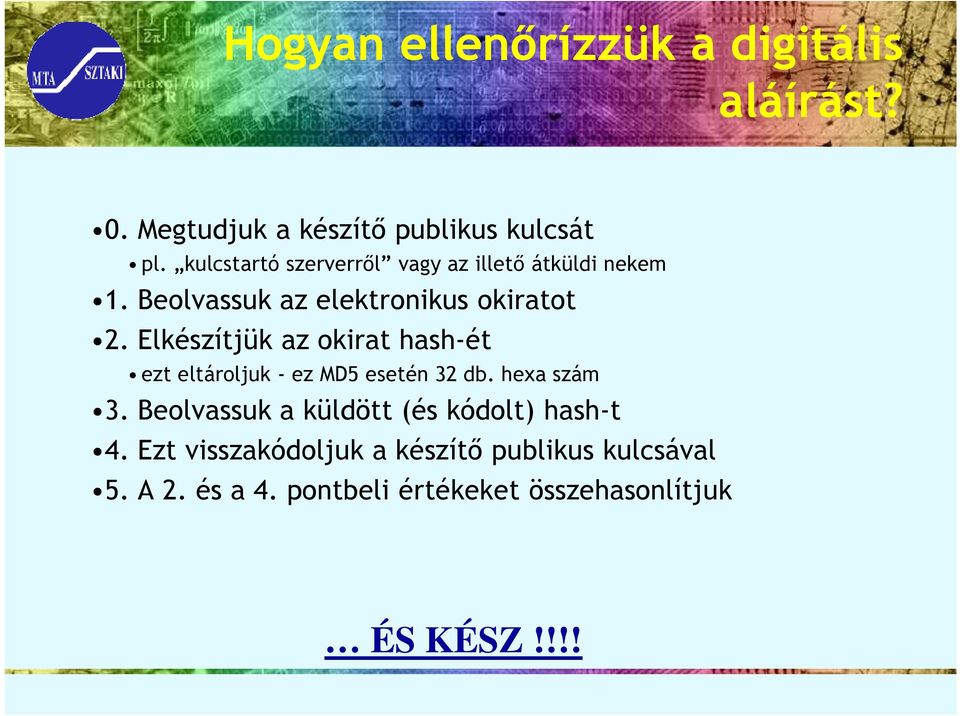 Elkészítjük az okirat hash-ét ezt eltároljuk - ez MD5 esetén 32 db. hexa szám 3.