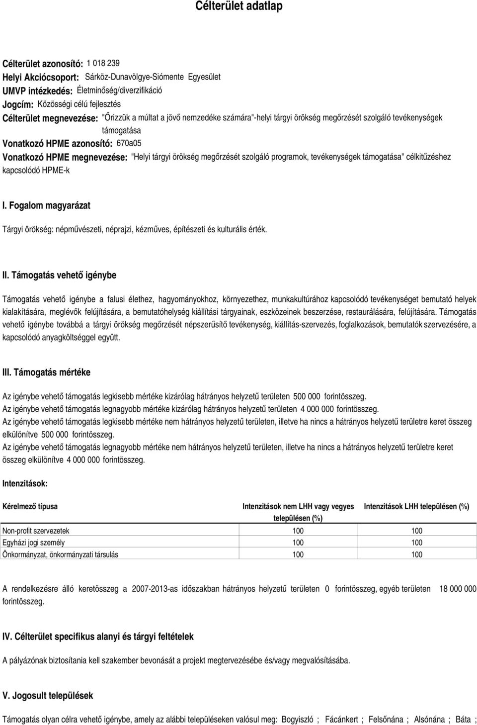 örökség megőrzését szolgáló programok, tevékenységek támogatása" célkitűzéshez kapcsolódó HPMEk I. Fogalom magyarázat Tárgyi örökség: népművészeti, néprajzi, kézműves, építészeti és kulturális érték.