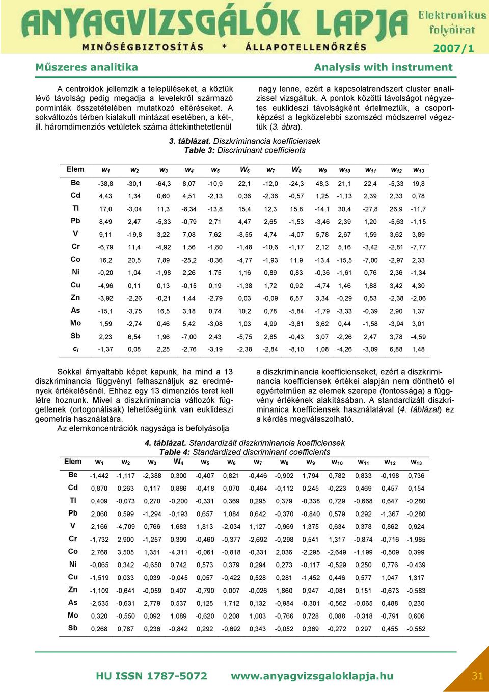 Diszkriminancia koefficiensek Table 3: Discriminant coefficients nagy lenne, ezért a kapcsolatrendszert cluster analízissel vizsgáltuk.